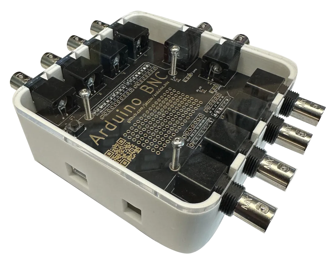 BNC shield for Arduino in its white case with four BNC connectors