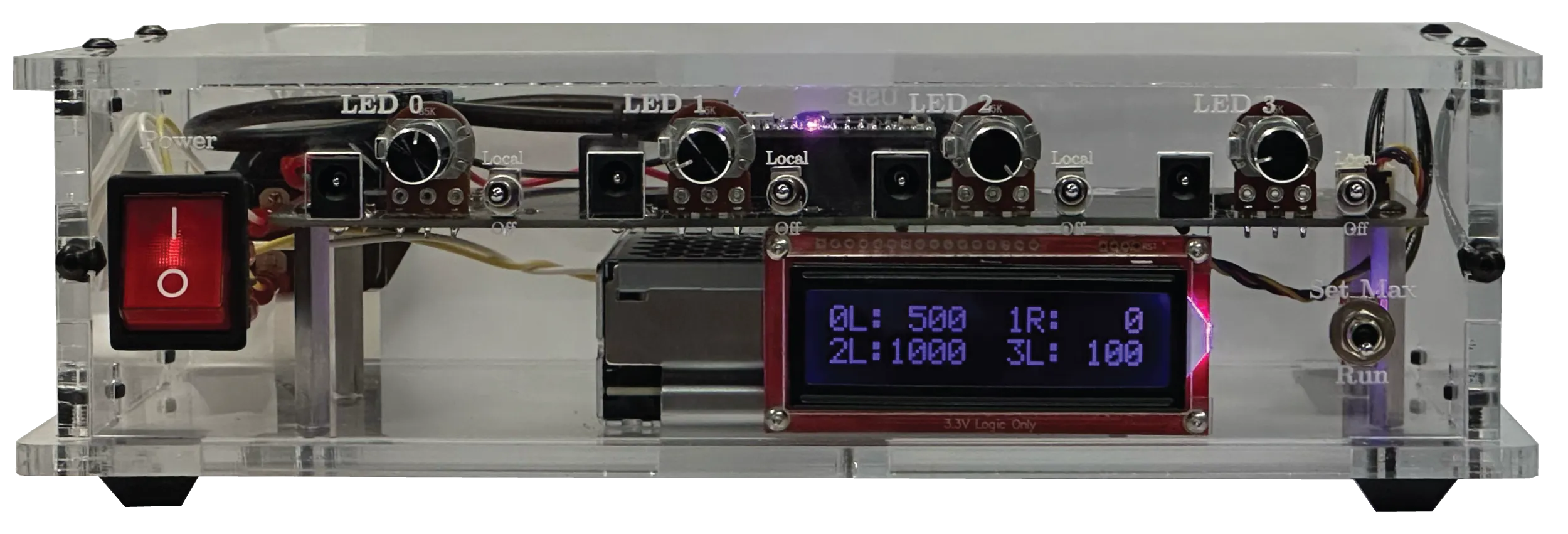Front panel with power switch, four channel outputs and an LCD