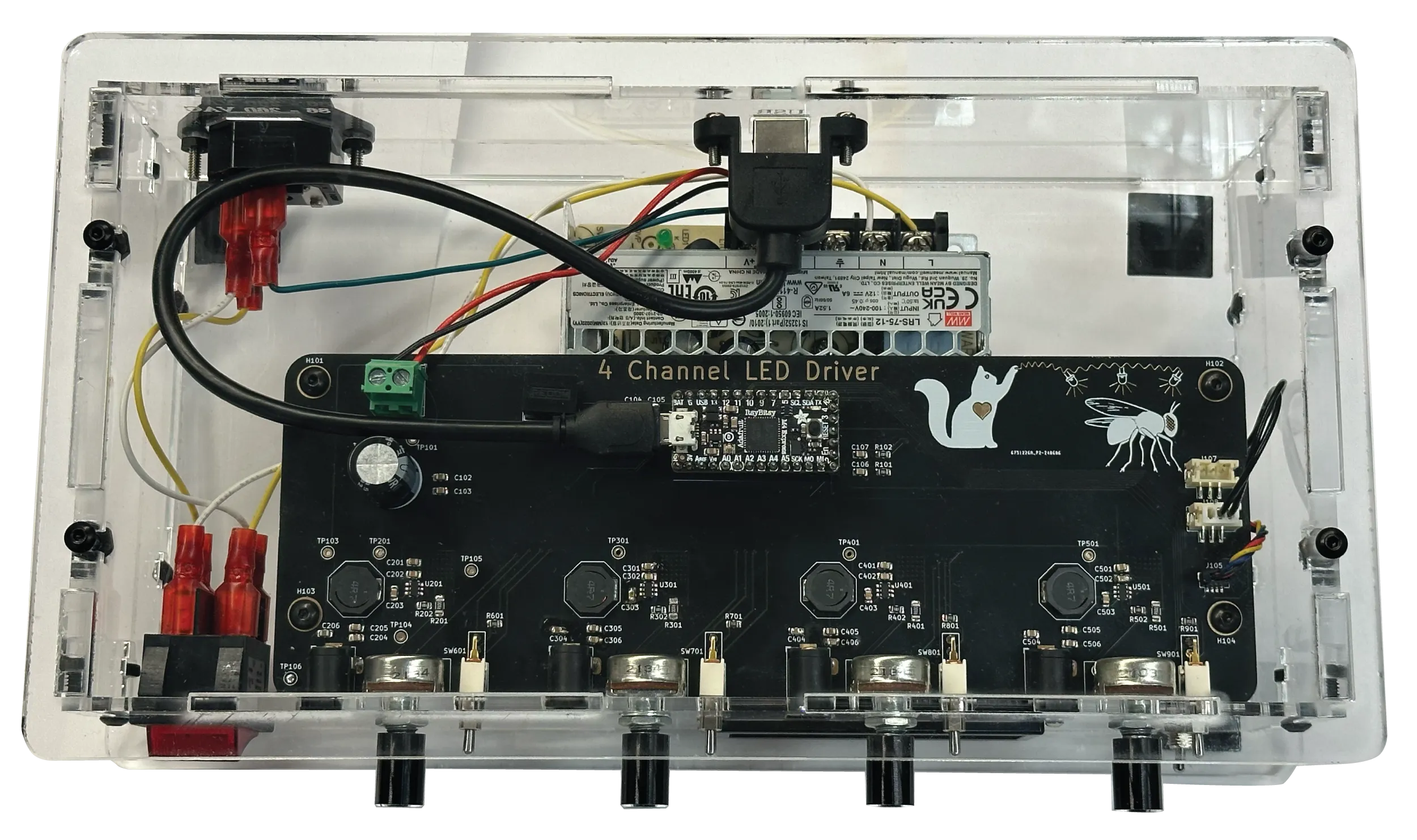 Four channel LED driver board in a clear enclosure, top view