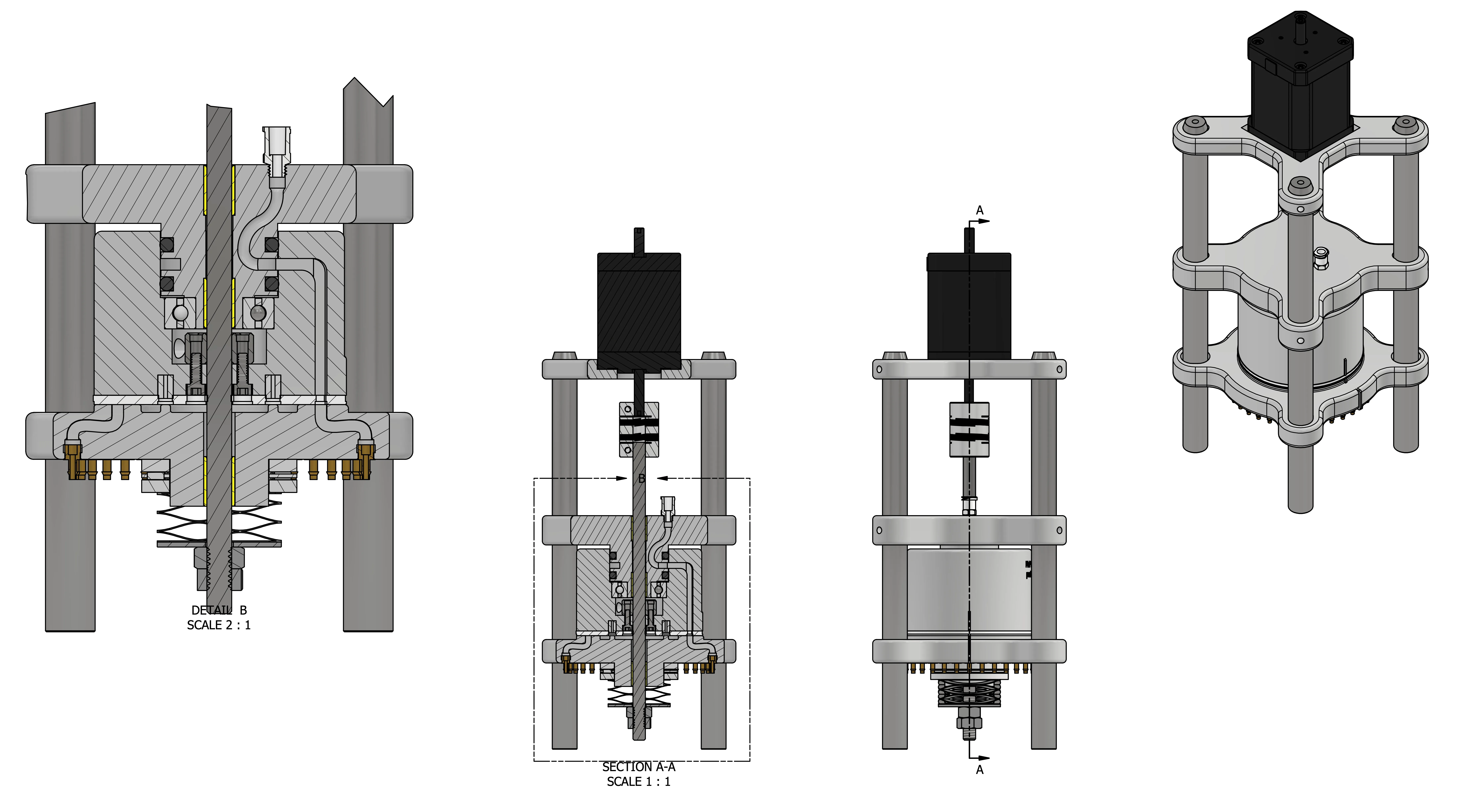 Assembly drawings of the wind device: section view, front and side views, and a 3D render